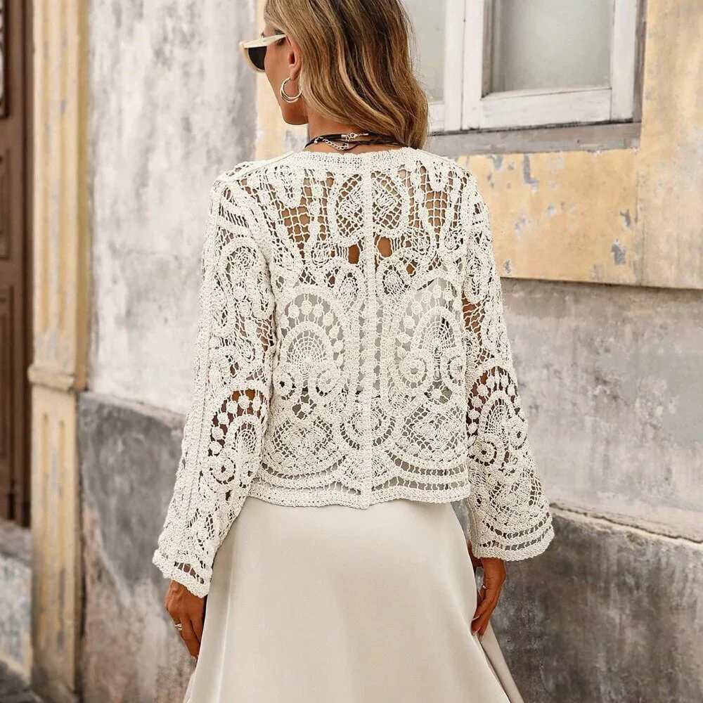 Apricot Casual Women's Hollow Out Crochet Cardigan top